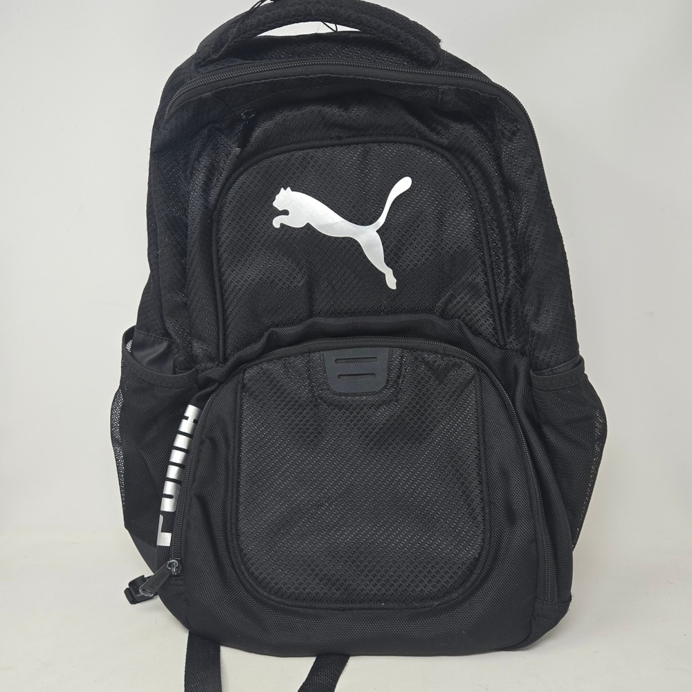 Puma Black Backpack Silver Cat Logo Multi Pocket School Gym Travel Bag